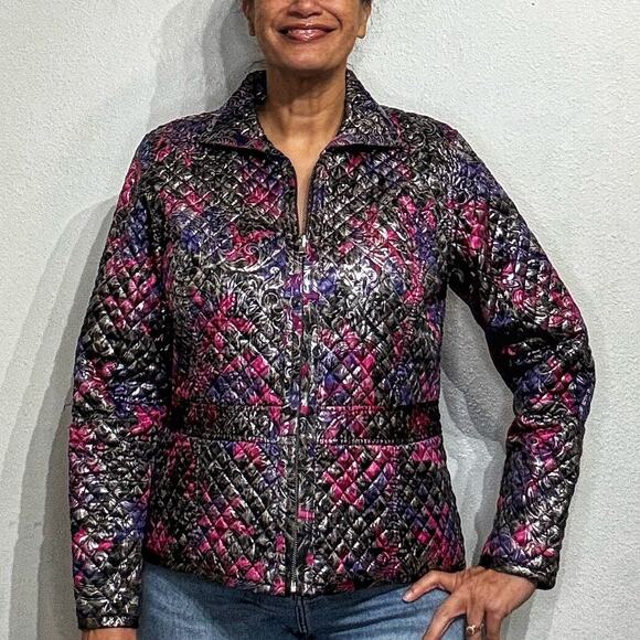 Chico's Metallic Shimmer Floral Paisley Quilted Full Zip Jacket Sz 2/L - Picture 7 of 14